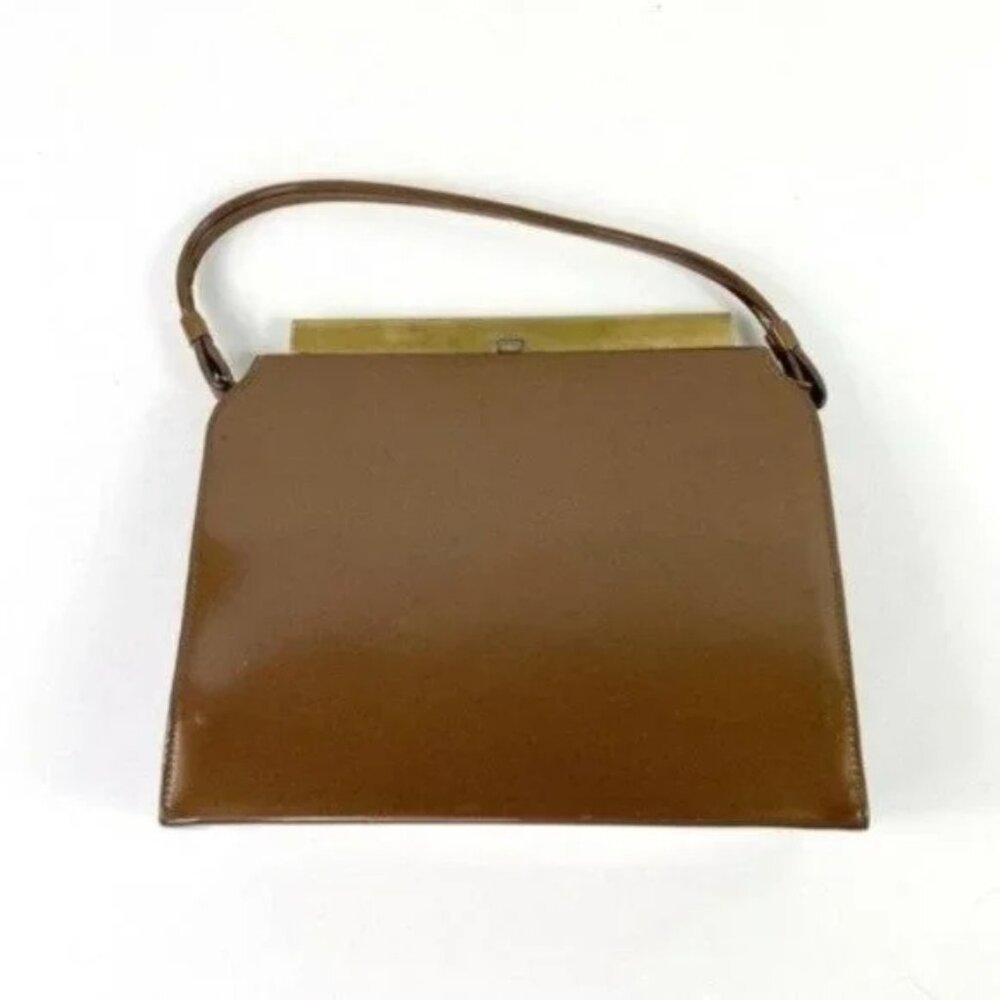 VINTAGE Patent Vinyl Kelly Style Box Purse Top Handle Satchel
